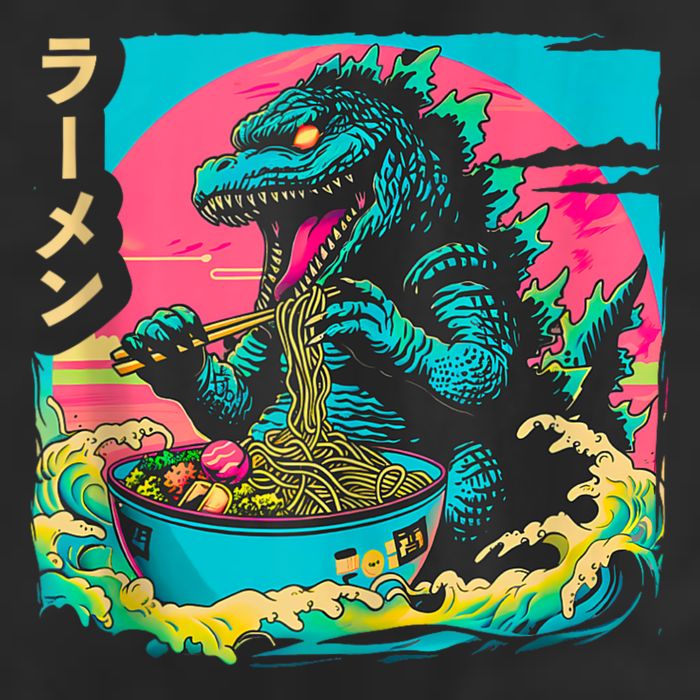 Funny Kaiju Eating Ramen Japanese Monster Lover Birthday 7 Panel Mesh Trucker Snapback Hat