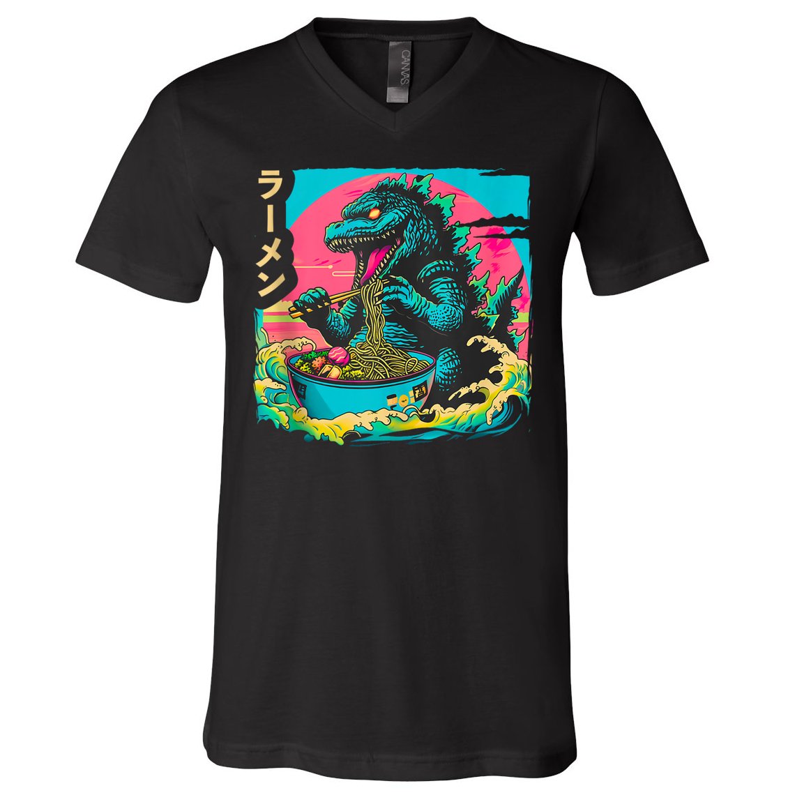 Funny Kaiju Eating Ramen Japanese Monster Lover Birthday V-Neck T-Shirt