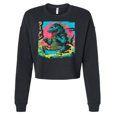 Funny Kaiju Eating Ramen Japanese Monster Lover Birthday Cropped Pullover Crew