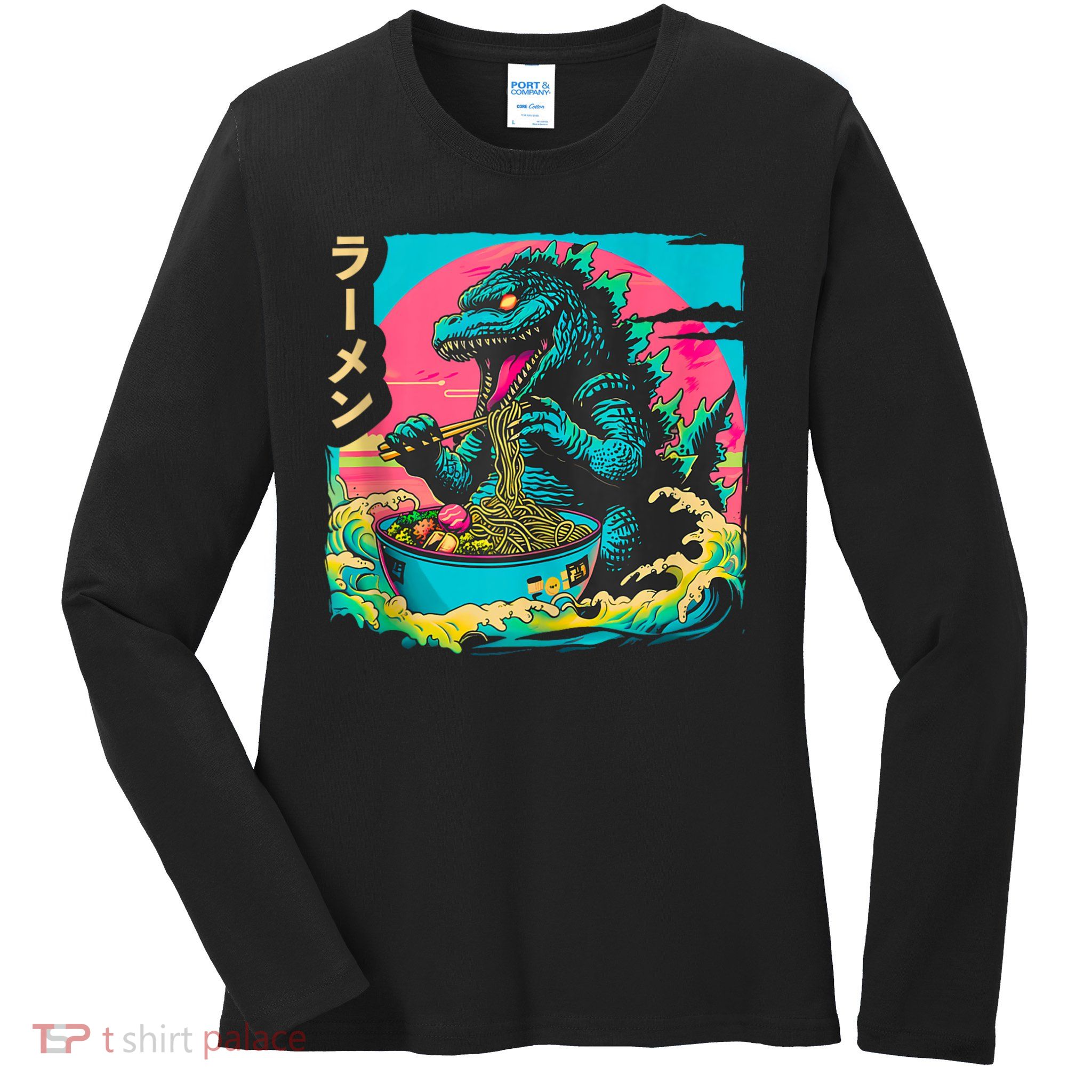 Funny Kaiju Eating Ramen Japanese Monster Lover Birthday Ladies Long Sleeve Shirt