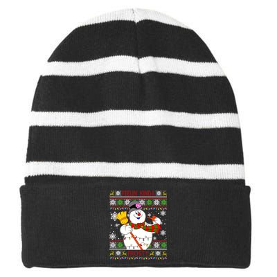 Feelin Kinda Frosty Ugly Christmas Frosty Snowman Christmas Striped Beanie with Solid Band