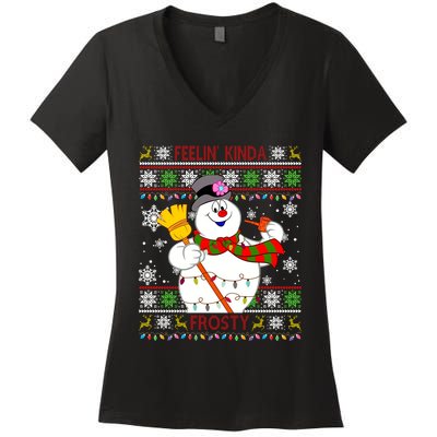 Feelin Kinda Frosty Ugly Christmas Frosty Snowman Christmas Women's V-Neck T-Shirt