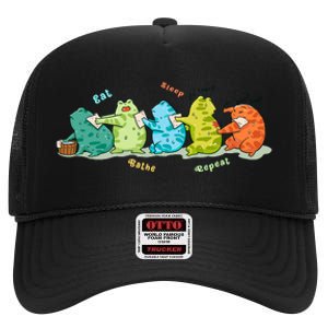 Funny Kawaii Frog Eat. Sleep. Bathe. Repeat Gift High Crown Mesh Back Trucker Hat