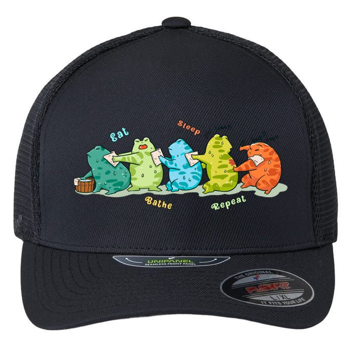 Funny Kawaii Frog Eat. Sleep. Bathe. Repeat Gift Flexfit Unipanel Trucker Cap