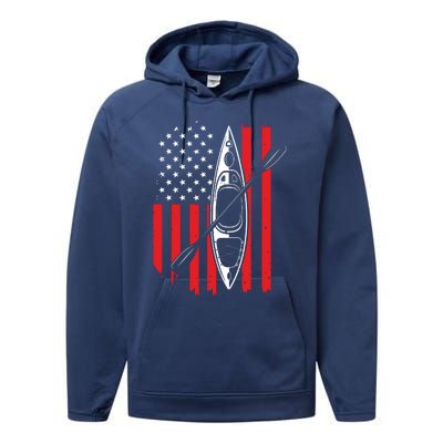 Funny Kayaking Gift For Cool American Flag Kayak Performance Fleece Hoodie