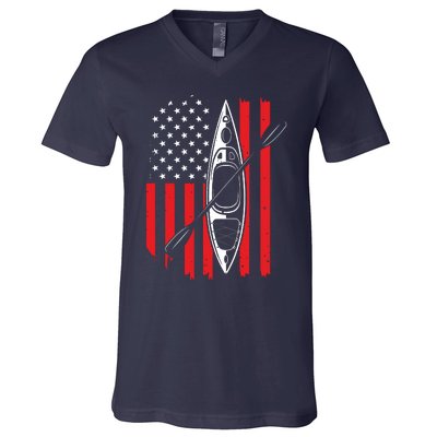 Funny Kayaking Gift For Cool American Flag Kayak V-Neck T-Shirt