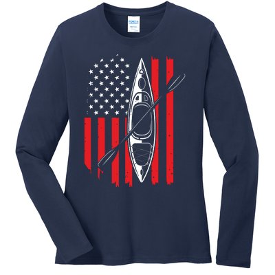 Funny Kayaking Gift For Cool American Flag Kayak Ladies Long Sleeve Shirt