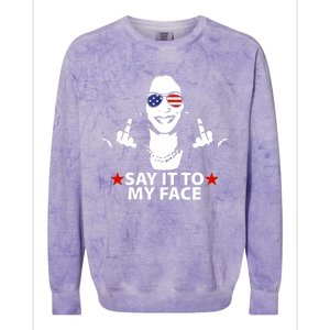 Funny Kamala Harris Middle Finger Say It To My Face 2024 Colorblast Crewneck Sweatshirt