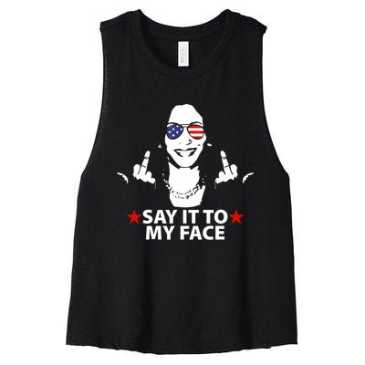 Funny Kamala Harris Middle Finger Say It To My Face 2024 Women's Racerback Cropped Tank