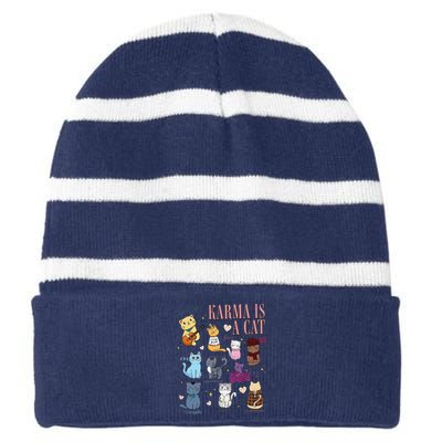 Funny Karma Is A Cat Funny Cat Music Concert Gift For Christmas Gifts Music Co Striped Beanie with Solid Band