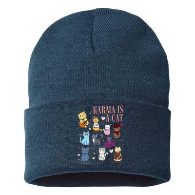 Funny Karma Is A Cat Funny Cat Music Concert Gift For Christmas Gifts Music Co Sustainable Knit Beanie