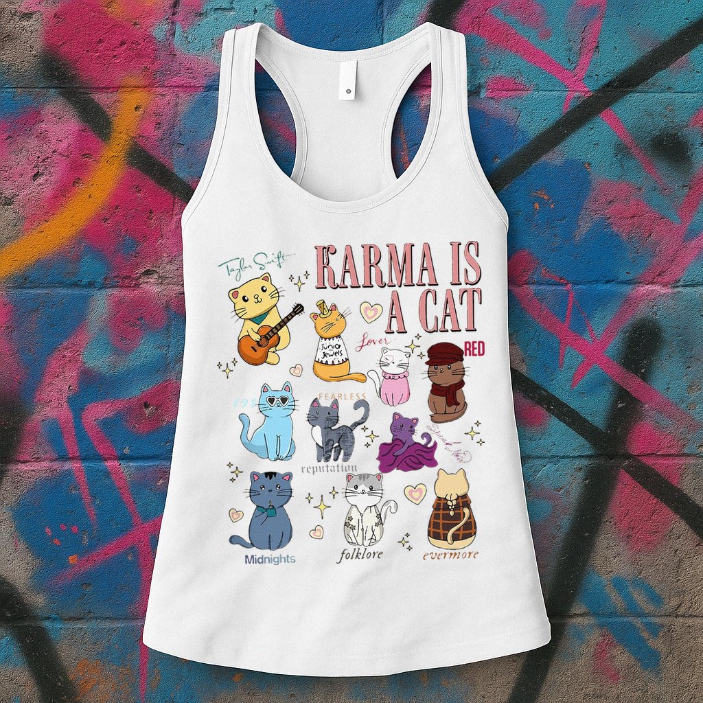 Funny Karma Is A Cat Funny Cat Music Concert Gift For Christmas Gifts Music Co Womens Tank Top