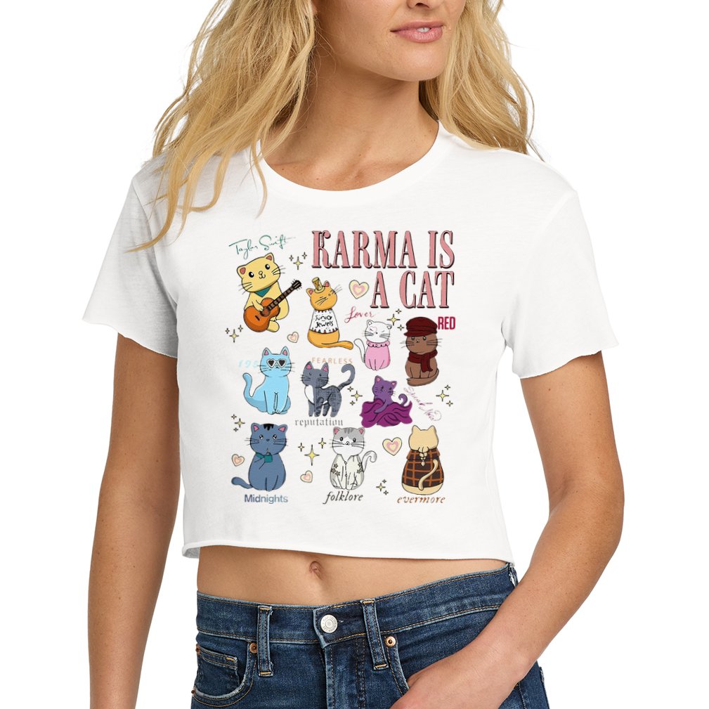 Funny Karma Is A Cat Funny Cat Music Concert Gift For Christmas Gifts Music Co Women's Crop Top Tee