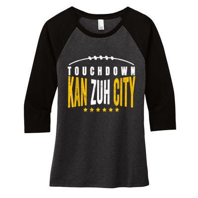 Fanatic KC Kansas City Touchdown KanzuhCity Red Kc TD Zone Women's Tri-Blend 3/4-Sleeve Raglan Shirt