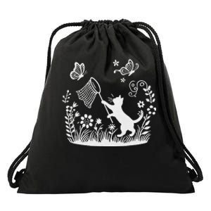 Flower Kitten Lover Butterfly Catching Net Floral Cat Drawstring Bag