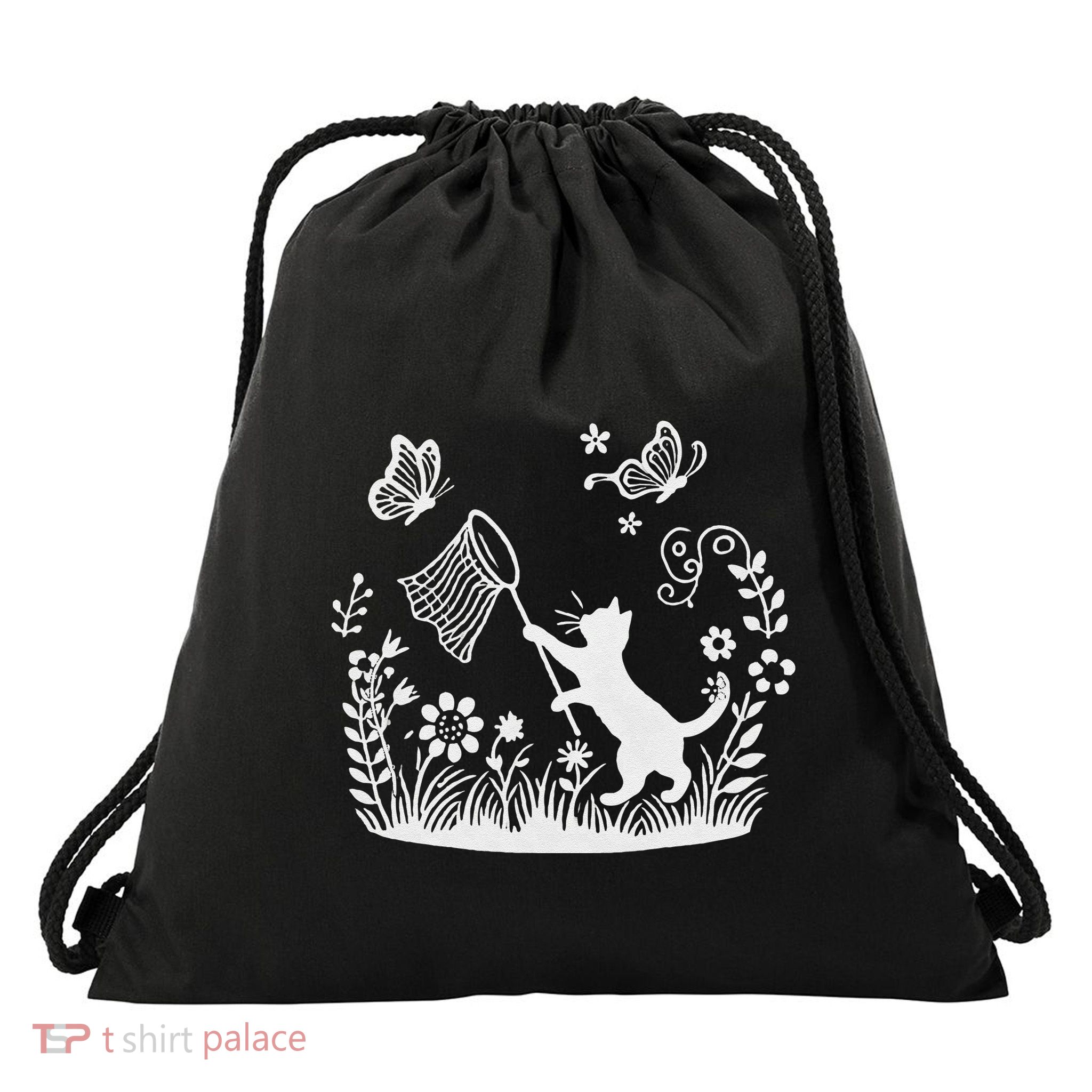 Flower Kitten Lover Butterfly Catching Net Floral Cat Drawstring Bag