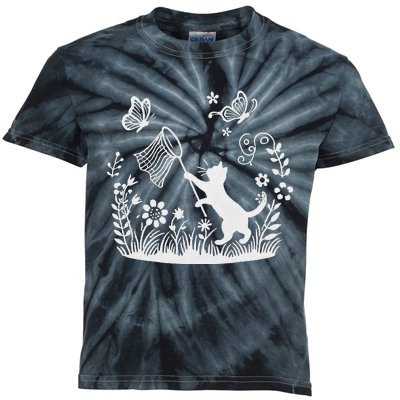 Flower Kitten Lover Butterfly Catching Net Floral Cat Kids Tie-Dye T-Shirt