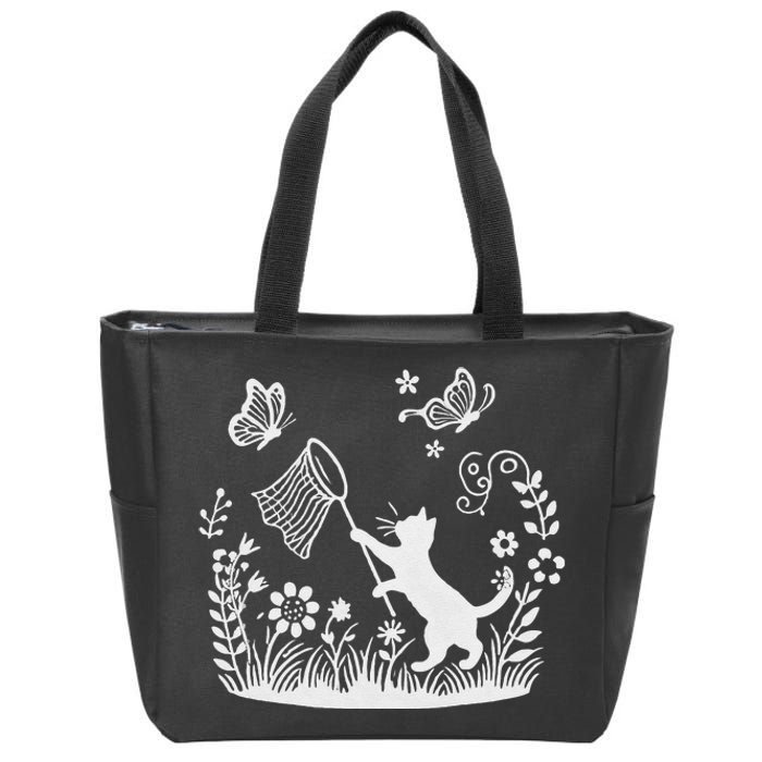 Flower Kitten Lover Butterfly Catching Net Floral Cat Zip Tote Bag