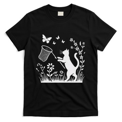 Flower Kitten Lover Butterfly Catching Net Floral Cat T-Shirt