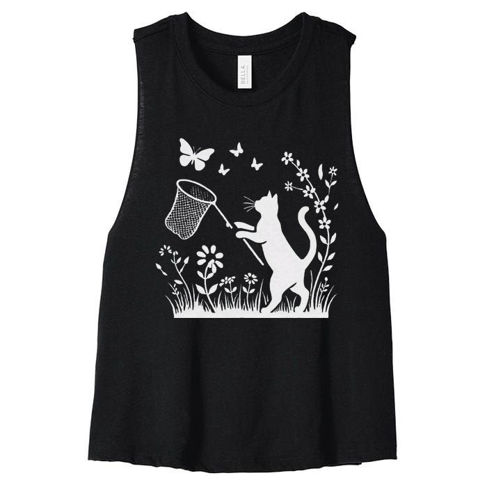 Flower Kitten Lover Butterfly Catching Net Floral Cat Women's Racerback Cropped Tank