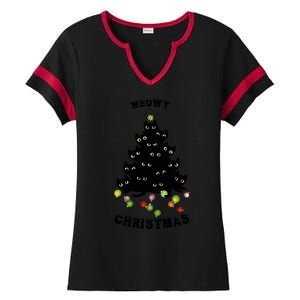 Funny Kitty Meowy Christmas Tree For Lovers Ladies Halftime Notch Neck Tee