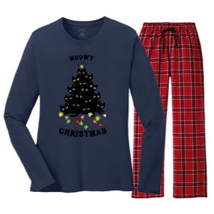 Funny Kitty Meowy Christmas Tree For Lovers Women's Long Sleeve Flannel Pajama Set 