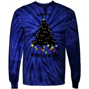 Funny Kitty Meowy Christmas Tree For Lovers Tie-Dye Long Sleeve Shirt