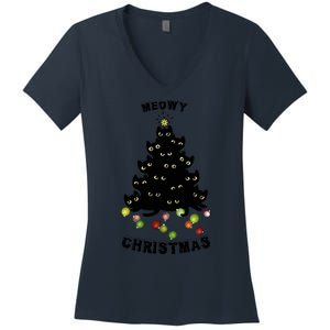 Funny Kitty Meowy Christmas Tree For Lovers Women's V-Neck T-Shirt