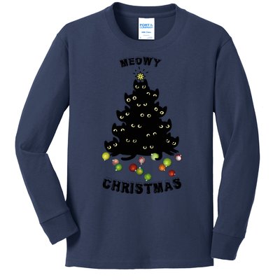 Funny Kitty Meowy Christmas Tree For Lovers Kids Long Sleeve Shirt