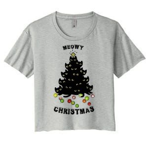 Funny Kitty Meowy Christmas Tree For Lovers Women's Crop Top Tee