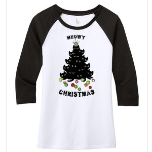 Funny Kitty Meowy Christmas Tree For Lovers Women's Tri-Blend 3/4-Sleeve Raglan Shirt