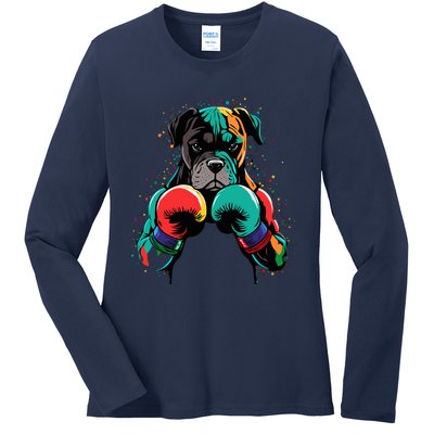 Funny Kickboxing Or Boxing Boxer Dog Ladies Long Sleeve Shirt