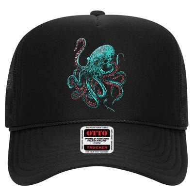 Funny Kraken Octopus Gift High Crown Mesh Back Trucker Hat