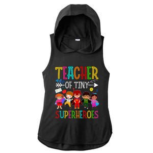 funny Kindergarten Prek Teacher of Tiny Superheroes Ladies PosiCharge Tri-Blend Wicking Draft Hoodie Tank