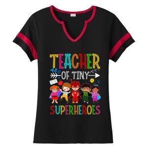 funny Kindergarten Prek Teacher of Tiny Superheroes Ladies Halftime Notch Neck Tee