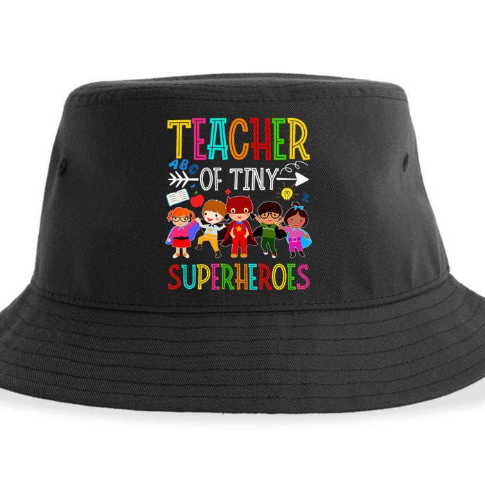 funny Kindergarten Prek Teacher of Tiny Superheroes Sustainable Bucket Hat