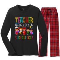 funny Kindergarten Prek Teacher of Tiny Superheroes Women's Long Sleeve Flannel Pajama Set 