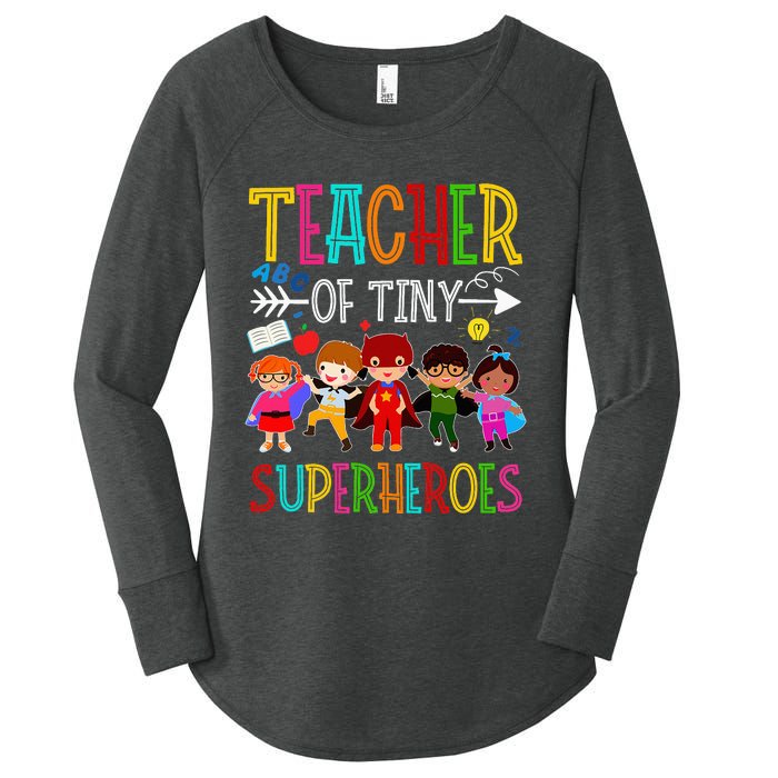 funny Kindergarten Prek Teacher of Tiny Superheroes Women's Perfect Tri Tunic Long Sleeve Shirt