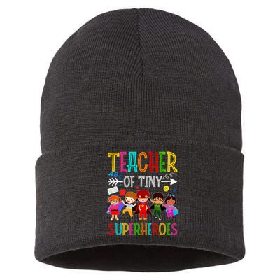 funny Kindergarten Prek Teacher of Tiny Superheroes Sustainable Knit Beanie