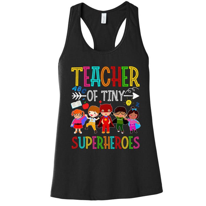 funny Kindergarten Prek Teacher of Tiny Superheroes Women's Racerback Tank