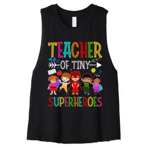 funny Kindergarten Prek Teacher of Tiny Superheroes Women's Racerback Cropped Tank