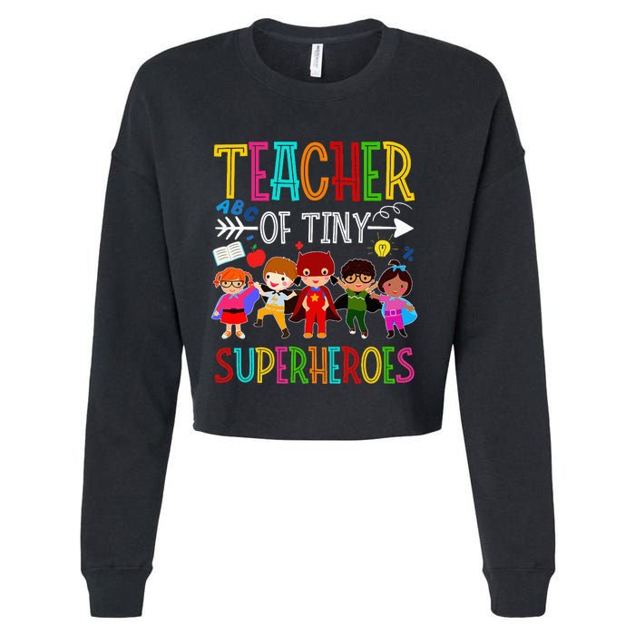 funny Kindergarten Prek Teacher of Tiny Superheroes Cropped Pullover Crew