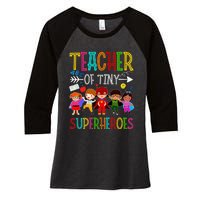 funny Kindergarten Prek Teacher of Tiny Superheroes Women's Tri-Blend 3/4-Sleeve Raglan Shirt