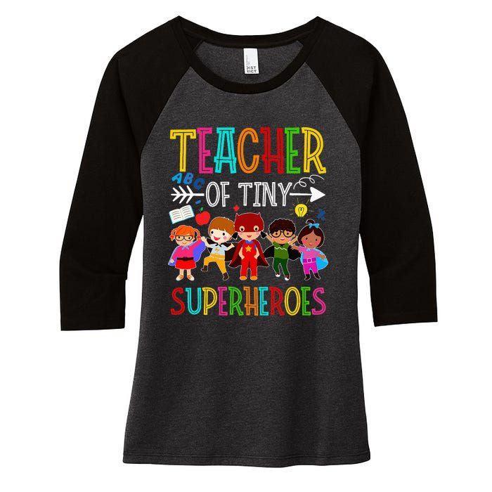 funny Kindergarten Prek Teacher of Tiny Superheroes Women's Tri-Blend 3/4-Sleeve Raglan Shirt