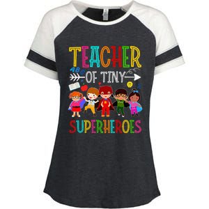 funny Kindergarten Prek Teacher of Tiny Superheroes Enza Ladies Jersey Colorblock Tee