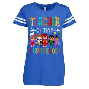 funny Kindergarten Prek Teacher of Tiny Superheroes Enza Ladies Jersey Football T-Shirt