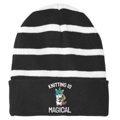 Funny Knitting Saying Knitting Needles Knit Unicorn Magic Striped Beanie with Solid Band