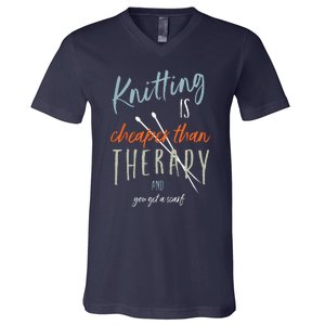 Funny Knitting Therapy Design Knitter V-Neck T-Shirt