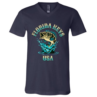 Florida Keys Usa Fishing Design On Front And Back V-Neck T-Shirt