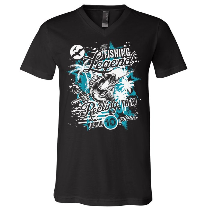 Fishing Legend 10th Birthday Fishing V-Neck T-Shirt